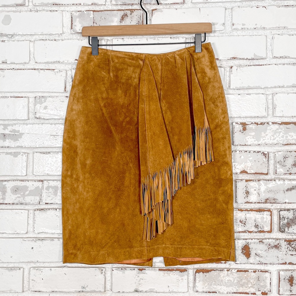 Vintage 80s J H Collectibles Camel Brown Leather Fringe Boho Coastal Mini Skirt